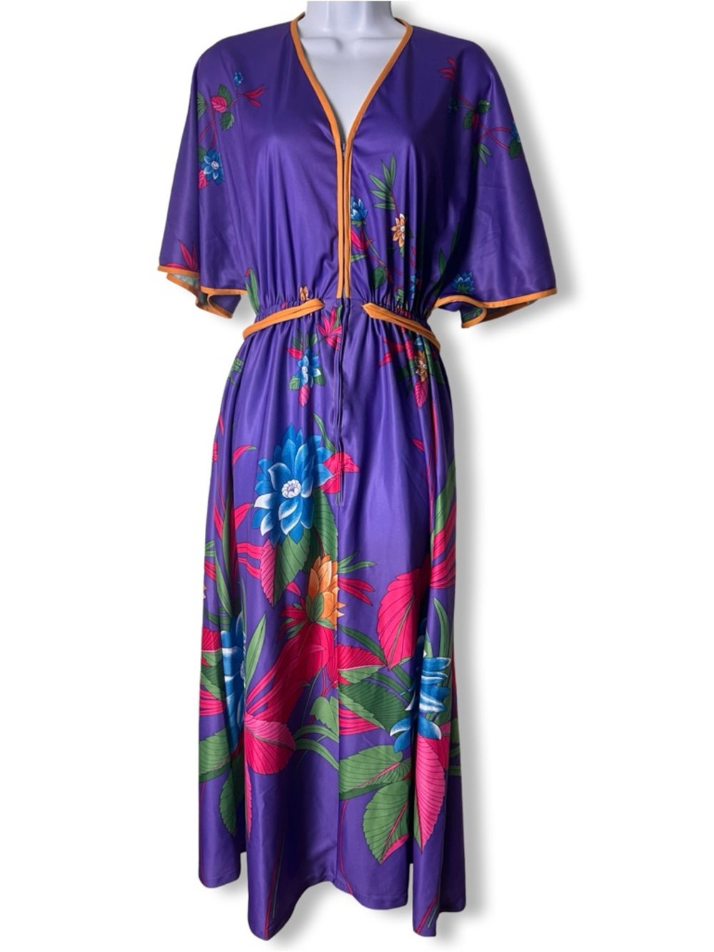 VTG Granada NWT 70s Tropical Floral Purple Maxi Dress Flutter Sleeve‎ Belt Sz M